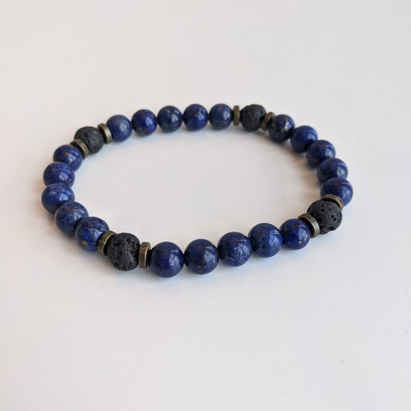 Lapis Lazuli and Lava Bead Stretch Bracelet - Picture 5 of 7